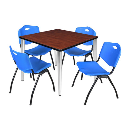 42 in. Square Breakroom Table- Cherry Top, Chrome Base & 4 M Stack Chairs- Blue