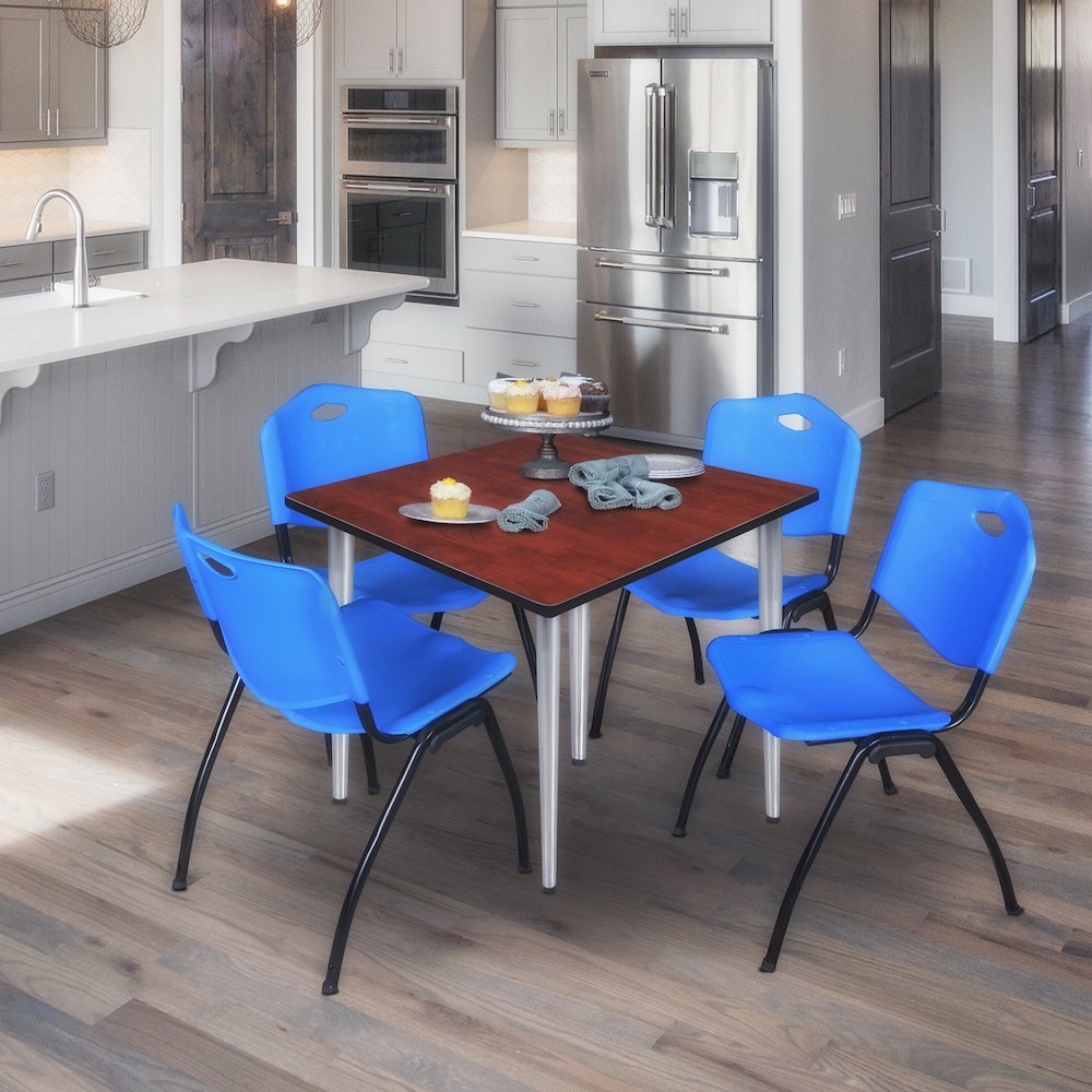 42 in. Square Breakroom Table- Cherry Top, Chrome Base & 4 M Stack Chairs- Blue