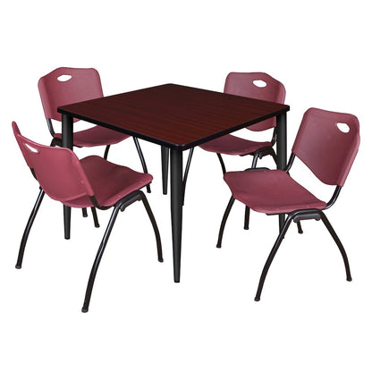 42 Square Breakroom Table- Mahogany Top, Black Base & 4 M Stack Chairs- Burgundy