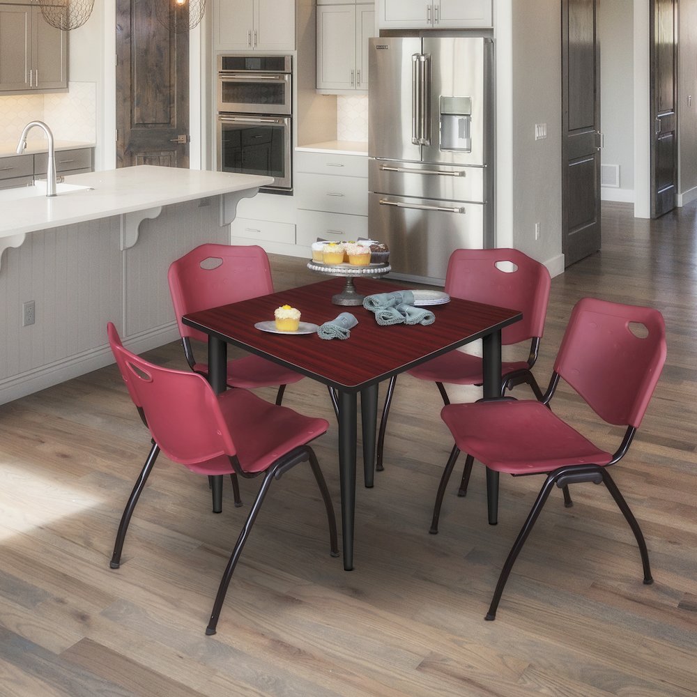 42 Square Breakroom Table- Mahogany Top, Black Base & 4 M Stack Chairs- Burgundy