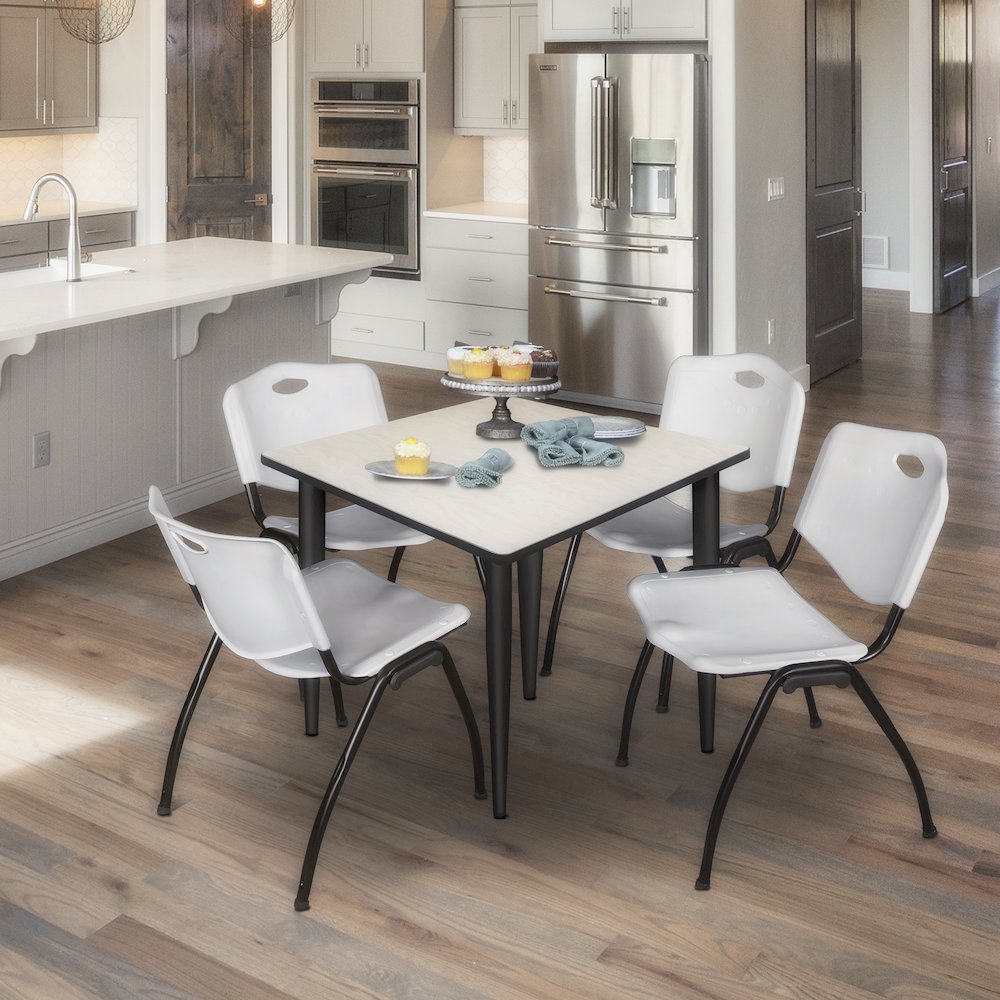 42 in. Square Breakroom Table- Maple Top, Black Base & 4 M Stack Chairs- Grey