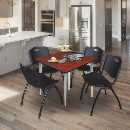48 in. Square Breakroom Table- Cherry Top, Chrome Base & 4 M Stack Chairs- Black