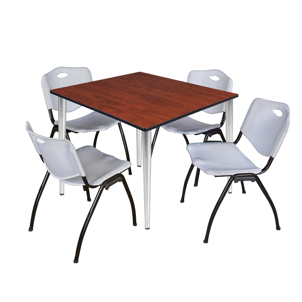 48 in. Square Breakroom Table- Cherry Top, Chrome Base & 4 M Stack Chairs- Grey