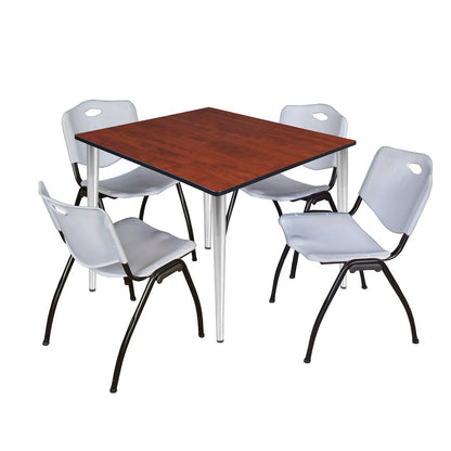 48 in. Square Breakroom Table- Cherry Top, Chrome Base & 4 M Stack Chairs- Grey