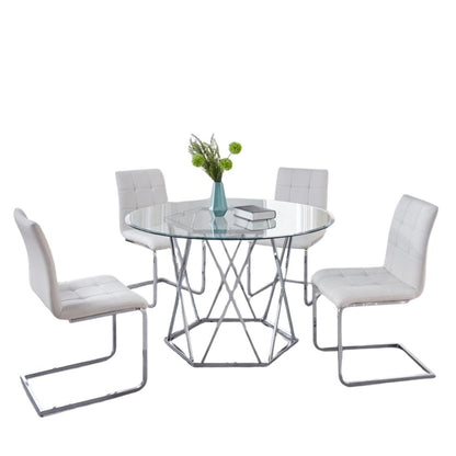 White 5 Piece Glass Top Dining Table Set with 4 Upholstered Chairs for Dining