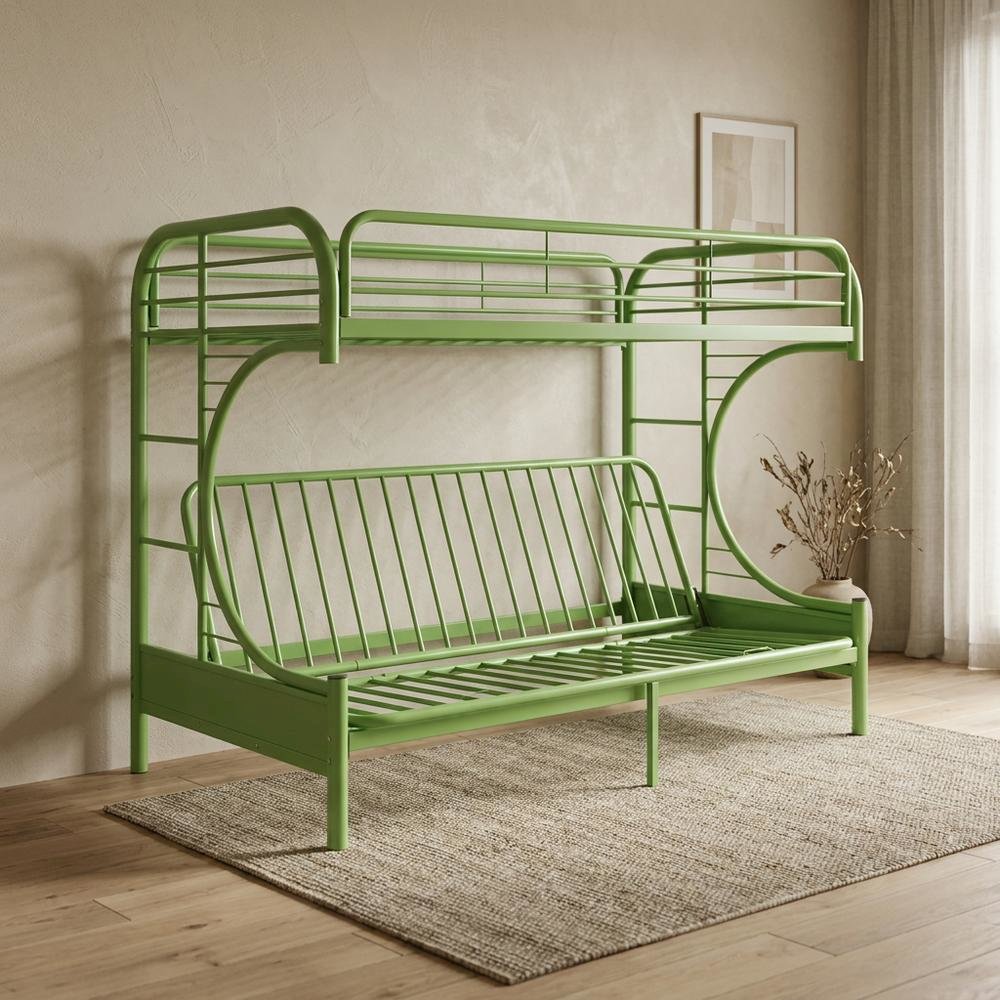 Metal Futon Bunk Bed Twin over Full, Kids Bunkbed with Bottom Futon Combo, Green