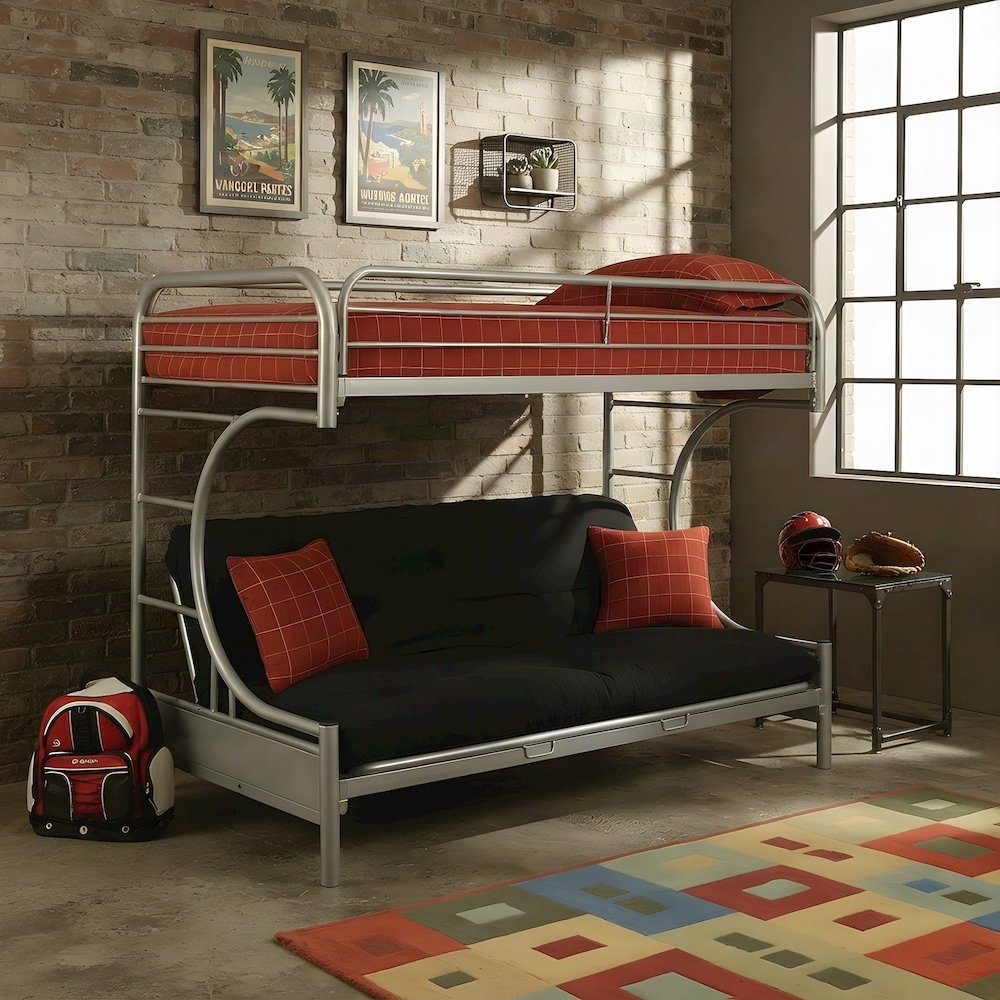 Metal Futon Bunk Bed, Twin over Full with Convertible Futon Frame, Silver