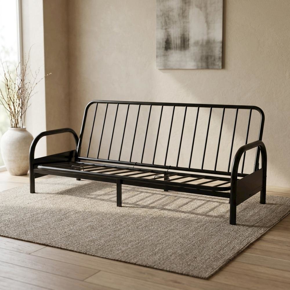 Metal Futon Sofa Bed Frame, Adjustable Contemporary Style for Living Room, Black