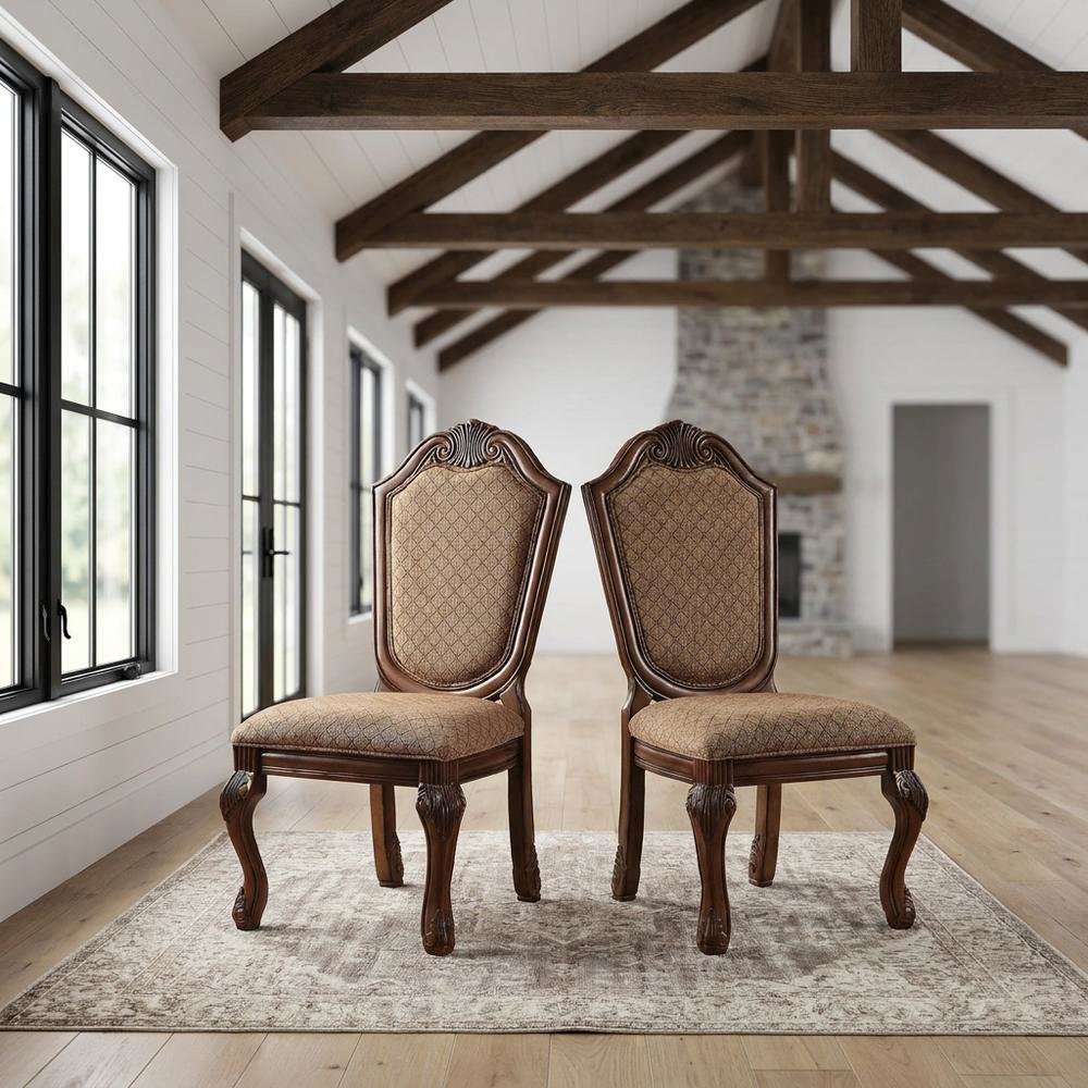 Fabric-Upholstered Rubber Wood Armless Side Chair, Fabric & Cherry, Set of 2