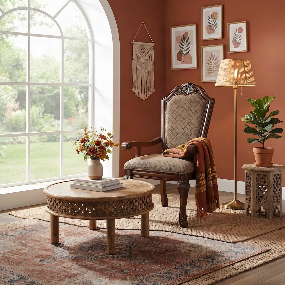 Fabric Upholstered Accent Armchair with Wood Arms, Set of 2, Fabric & Cherry