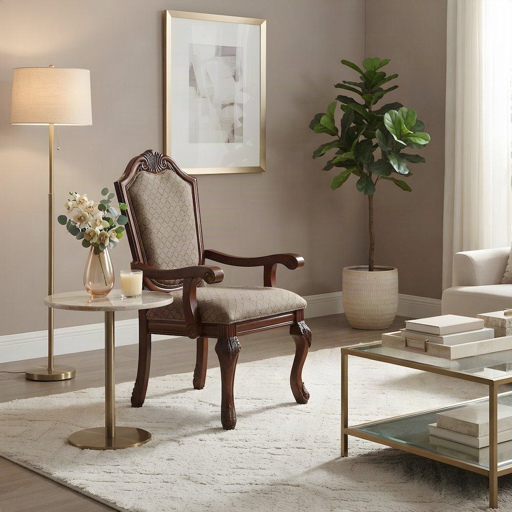 Fabric Upholstered Accent Armchair with Wood Arms, Set of 2, Fabric & Cherry