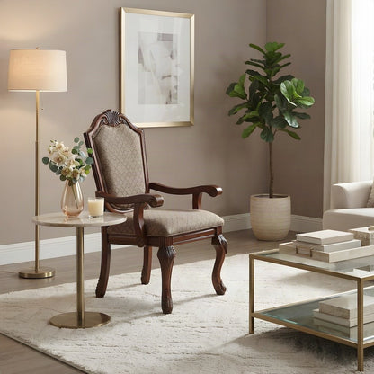 Fabric Upholstered Accent Armchair with Wood Arms, Set of 2, Fabric & Cherry