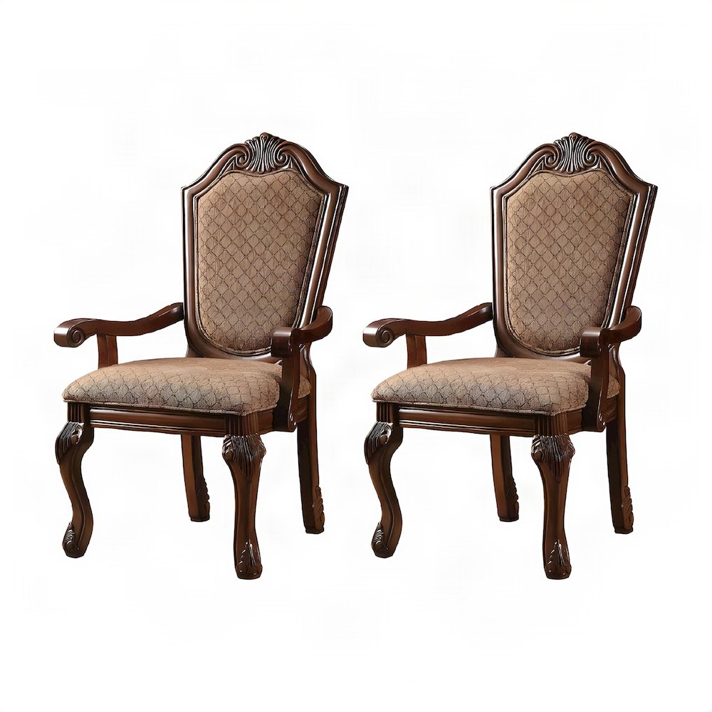 Fabric Upholstered Accent Armchair with Wood Arms, Set of 2, Fabric & Cherry