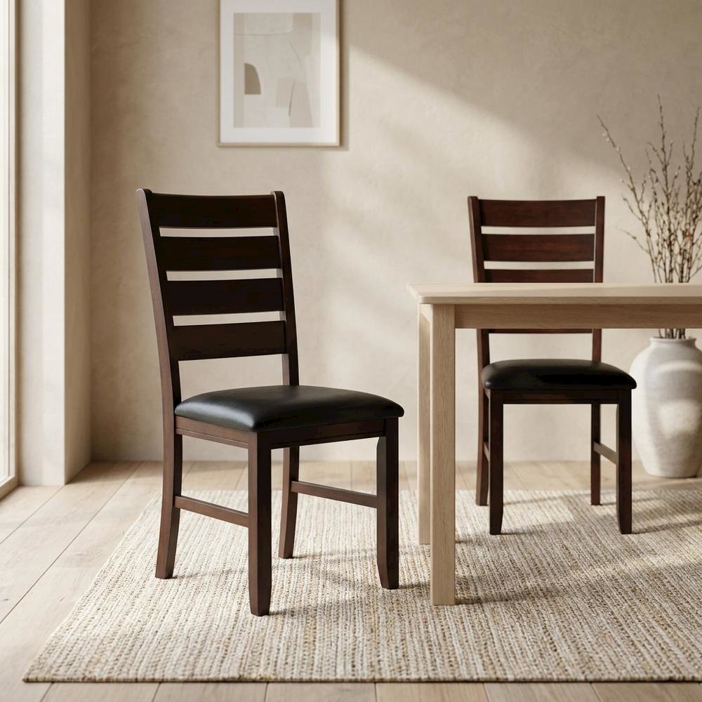 Faux Leather Wood Dining Chair, Black Synthetic Leather & Cherry, Set of 2