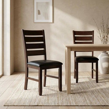 Faux Leather Wood Dining Chair, Black Synthetic Leather & Cherry, Set of 2