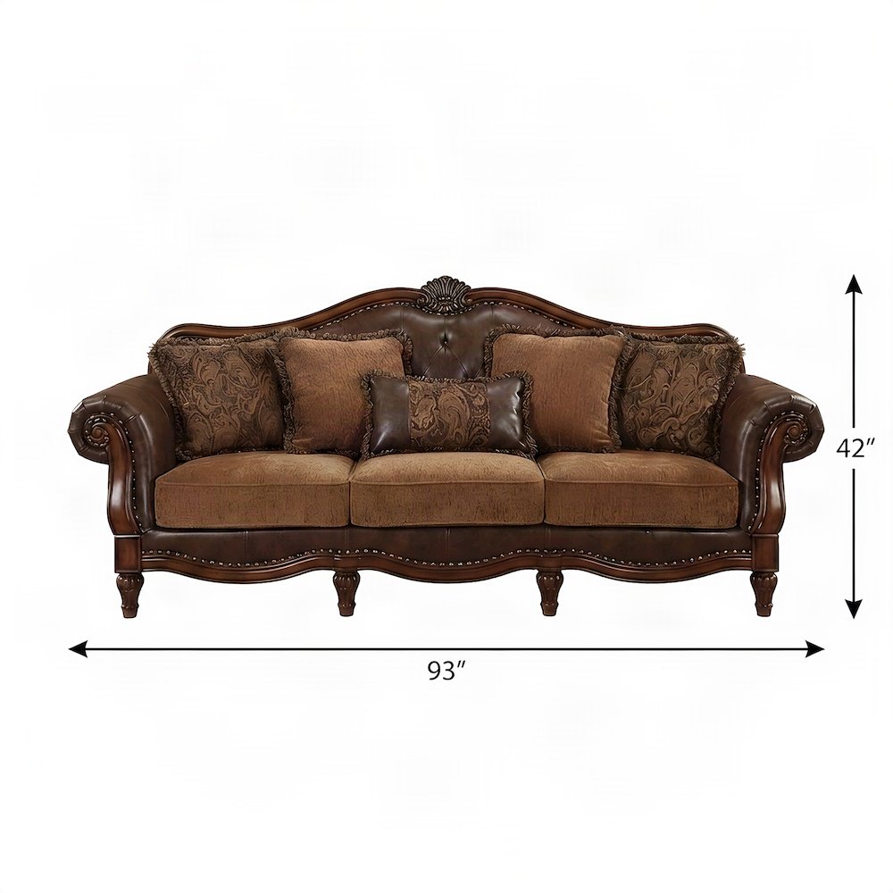 Transitional PU Leather and Chenille Victorian Sofa, 5 Pillows, Two Tone Brown