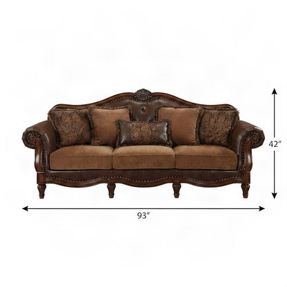 Transitional PU Leather and Chenille Victorian Sofa, 5 Pillows, Two Tone Brown