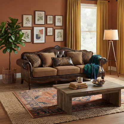 Transitional PU Leather and Chenille Victorian Sofa, 5 Pillows, Two Tone Brown