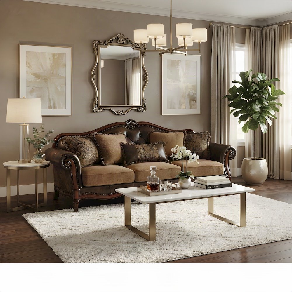 Transitional PU Leather and Chenille Victorian Sofa, 5 Pillows, Two Tone Brown
