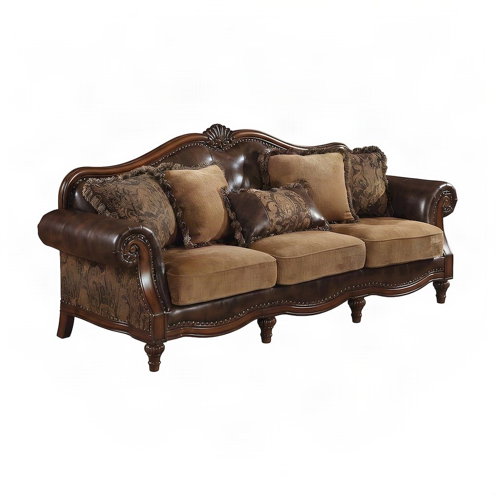 Transitional PU Leather and Chenille Victorian Sofa, 5 Pillows, Two Tone Brown