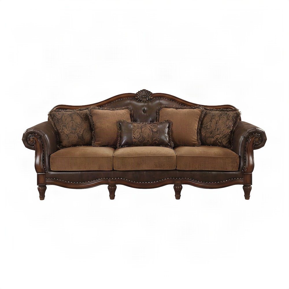 Transitional PU Leather and Chenille Victorian Sofa, 5 Pillows, Two Tone Brown