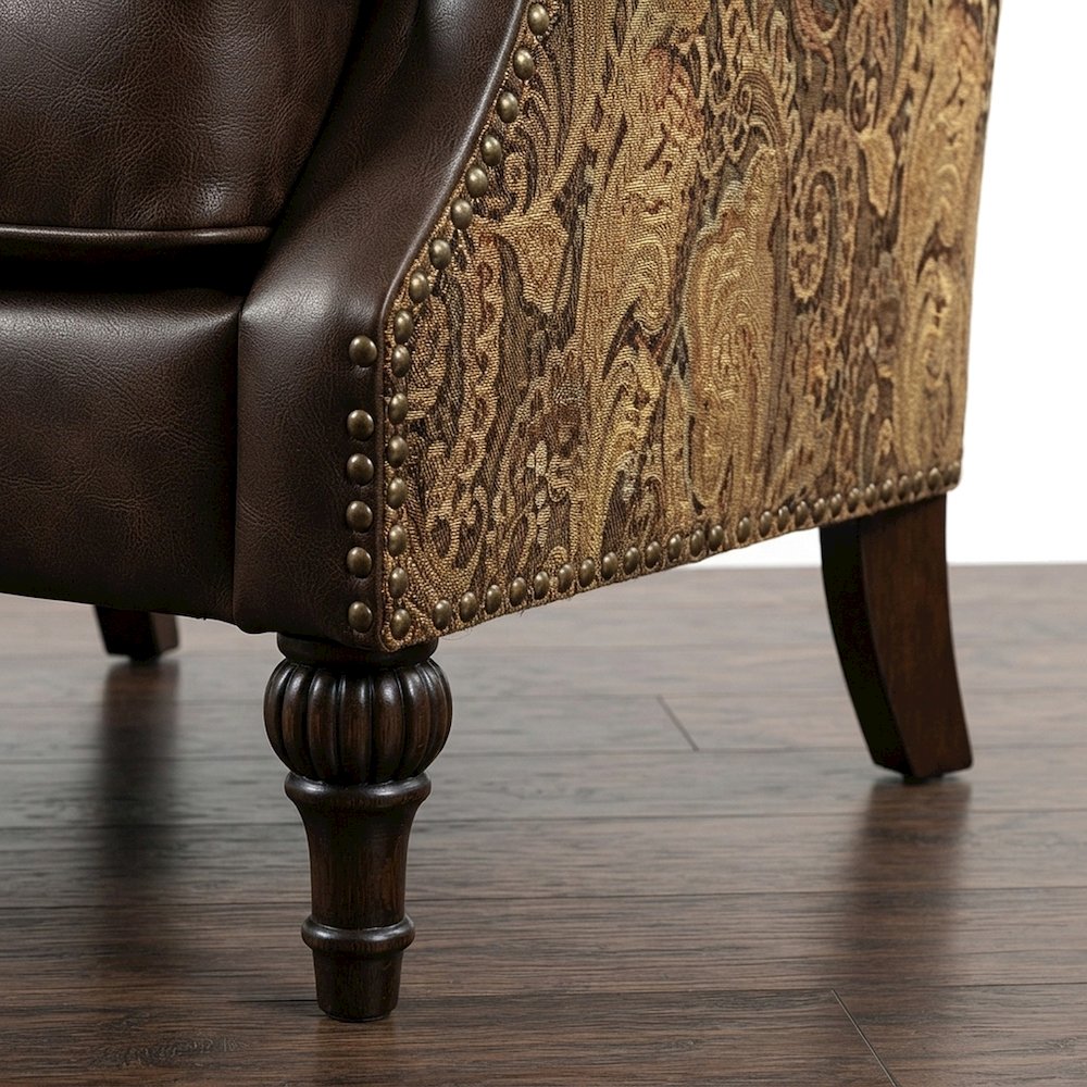 Transitional PU Leather and Chenille Victorian Sofa, 5 Pillows, Two Tone Brown