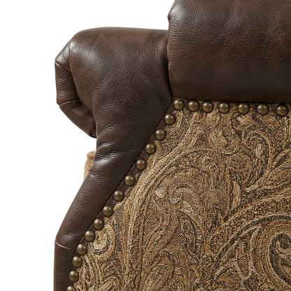 Transitional PU Leather and Chenille Victorian Sofa, 5 Pillows, Two Tone Brown