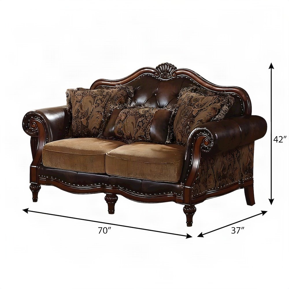 PU Leather and Chenille Loveseat Sofa with 3 Pillows, 2-Seater, Brown Leather