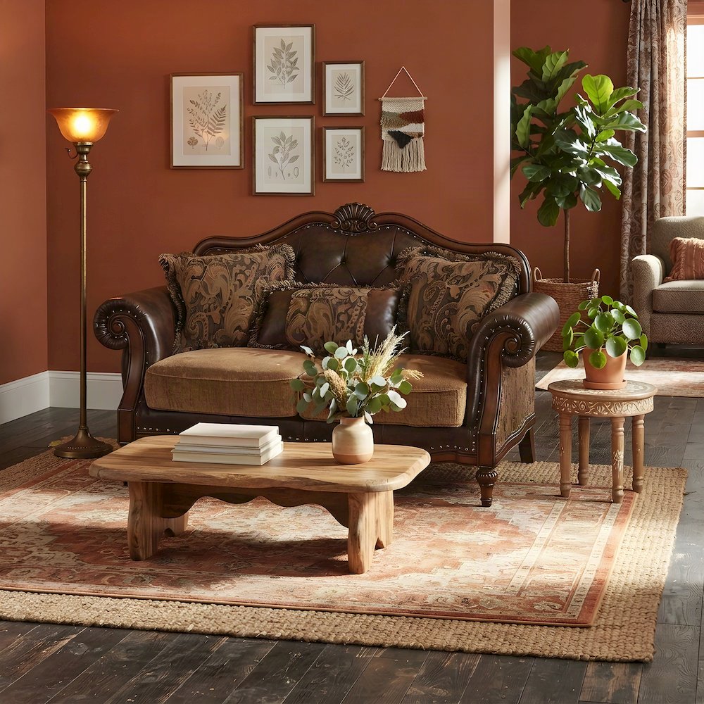 PU Leather and Chenille Loveseat Sofa with 3 Pillows, 2-Seater, Brown Leather