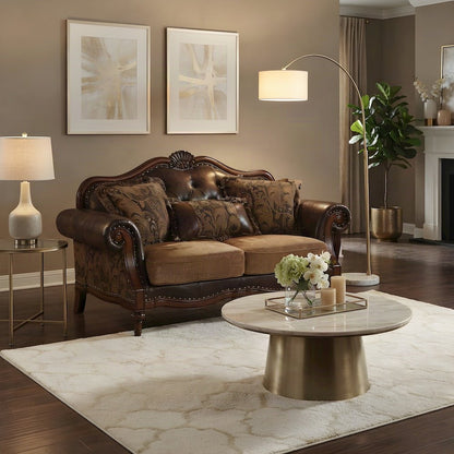PU Leather and Chenille Loveseat Sofa with 3 Pillows, 2-Seater, Brown Leather