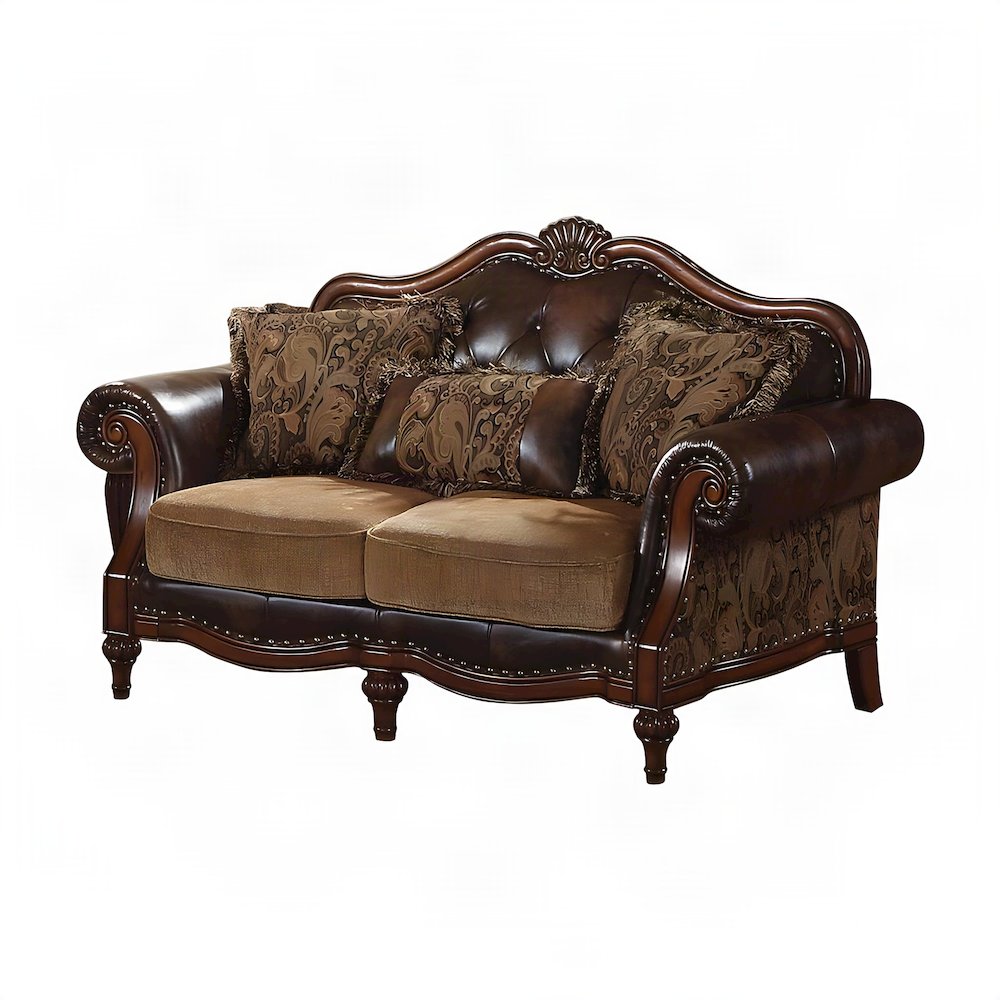 PU Leather and Chenille Loveseat Sofa with 3 Pillows, 2-Seater, Brown Leather