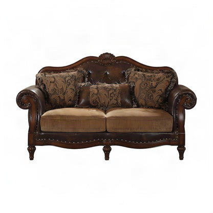 PU Leather and Chenille Loveseat Sofa with 3 Pillows, 2-Seater, Brown Leather