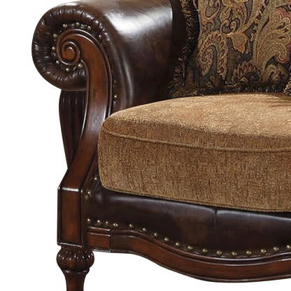 PU Leather and Chenille Loveseat Sofa with 3 Pillows, 2-Seater, Brown Leather