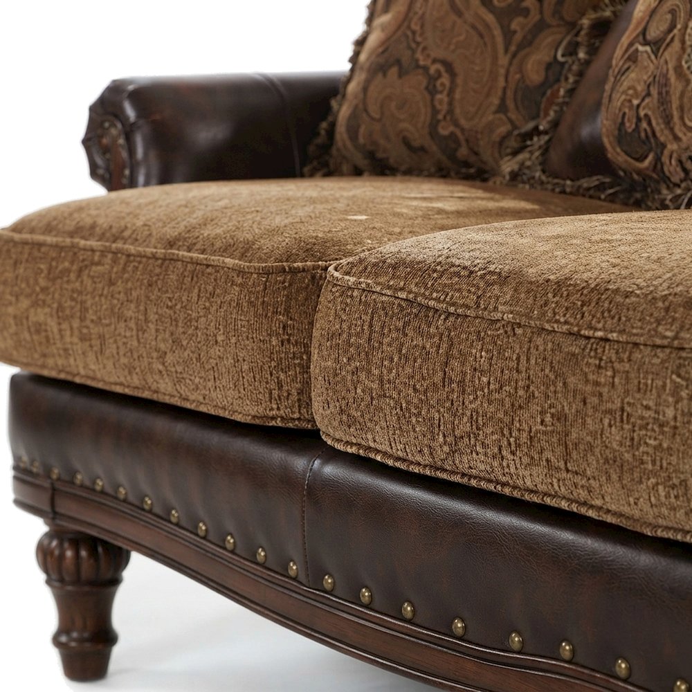 PU Leather and Chenille Loveseat Sofa with 3 Pillows, 2-Seater, Brown Leather