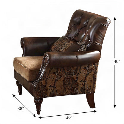 Faux Leather and Chenille Upholstered Accent Chair with Pillow, Brown