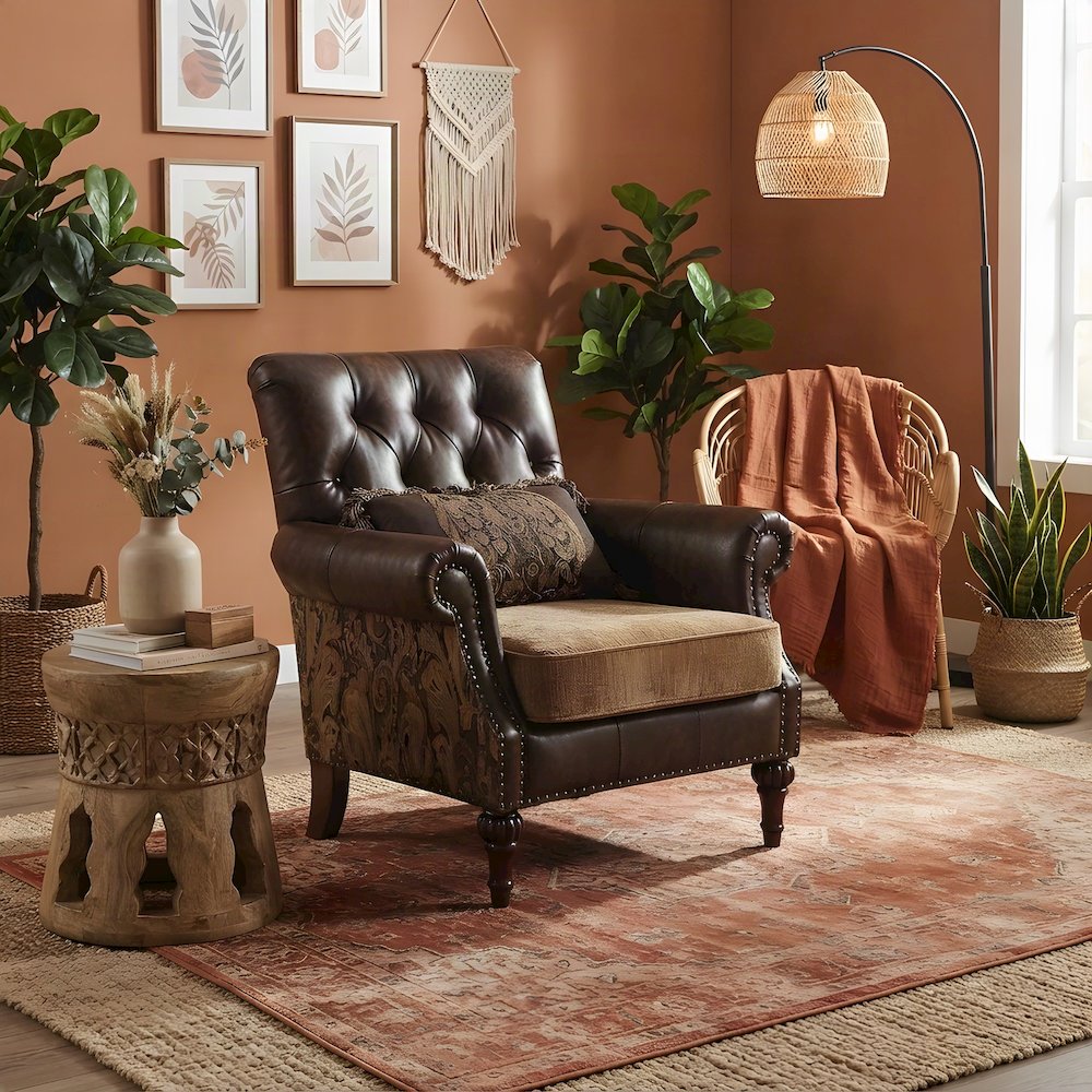 Faux Leather and Chenille Upholstered Accent Chair with Pillow, Brown