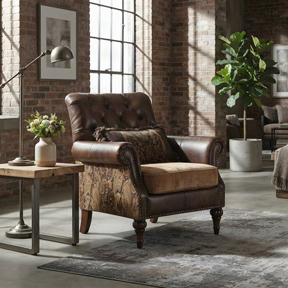 Faux Leather and Chenille Upholstered Accent Chair with Pillow, Brown