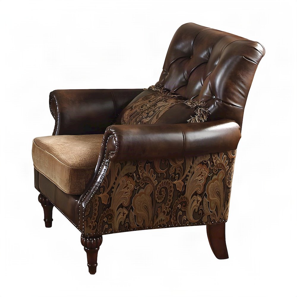 Faux Leather and Chenille Upholstered Accent Chair with Pillow, Brown