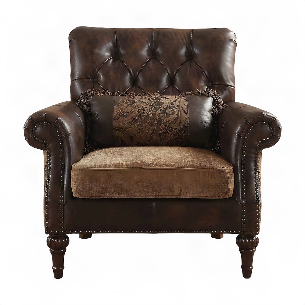 Faux Leather and Chenille Upholstered Accent Chair with Pillow, Brown