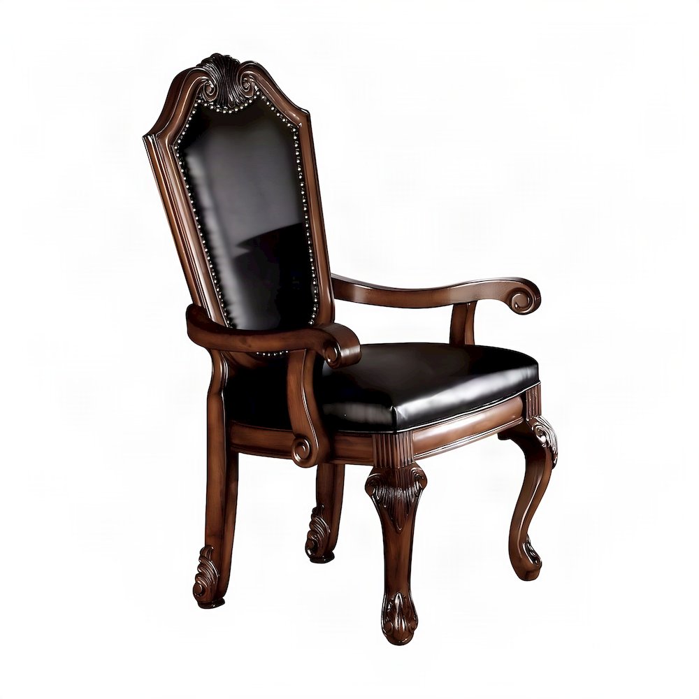 PU Leather Accent Armchair with Wood, Set of 2, Black Synthetic Leather & Cherry