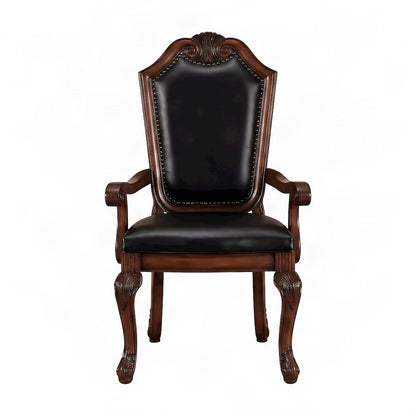 PU Leather Accent Armchair with Wood, Set of 2, Black Synthetic Leather & Cherry