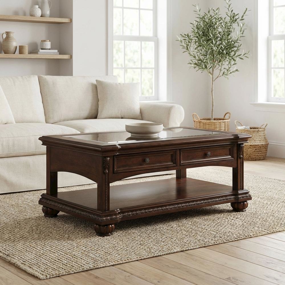 Cherry Finish Coffee Table with Glass Top and Wood Veneer Durable Design