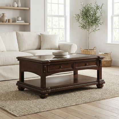 Cherry Finish Coffee Table with Glass Top and Wood Veneer Durable Design