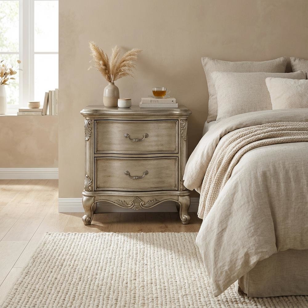 Gray Nightstand with Antique Finish, Transitional Style, Rectangular