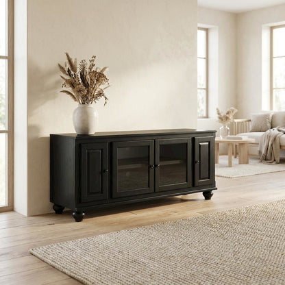 Black wood TV stand with spacious surface and modern design