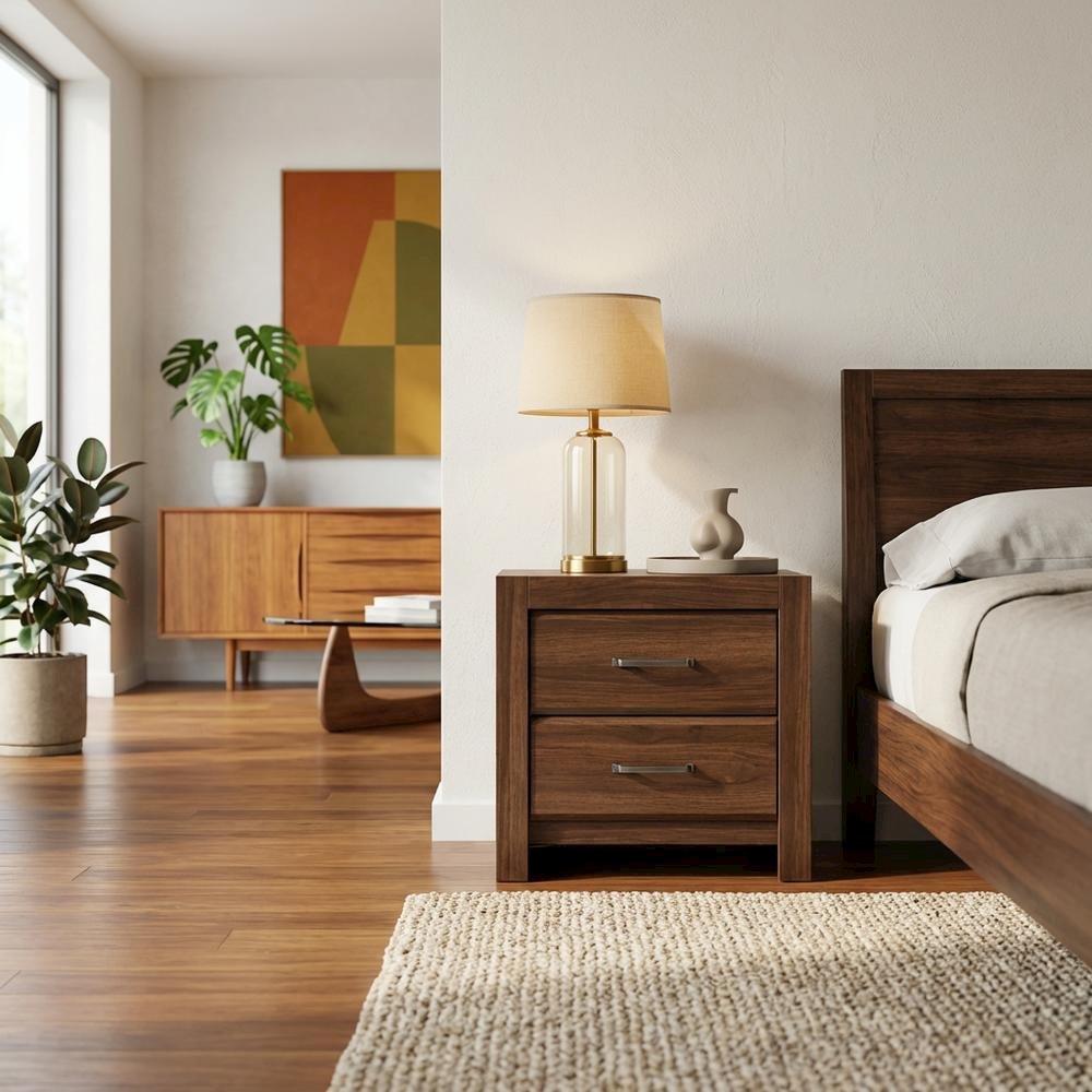 Walnut Nightstand with Wooden Finish and Sturdy Construction