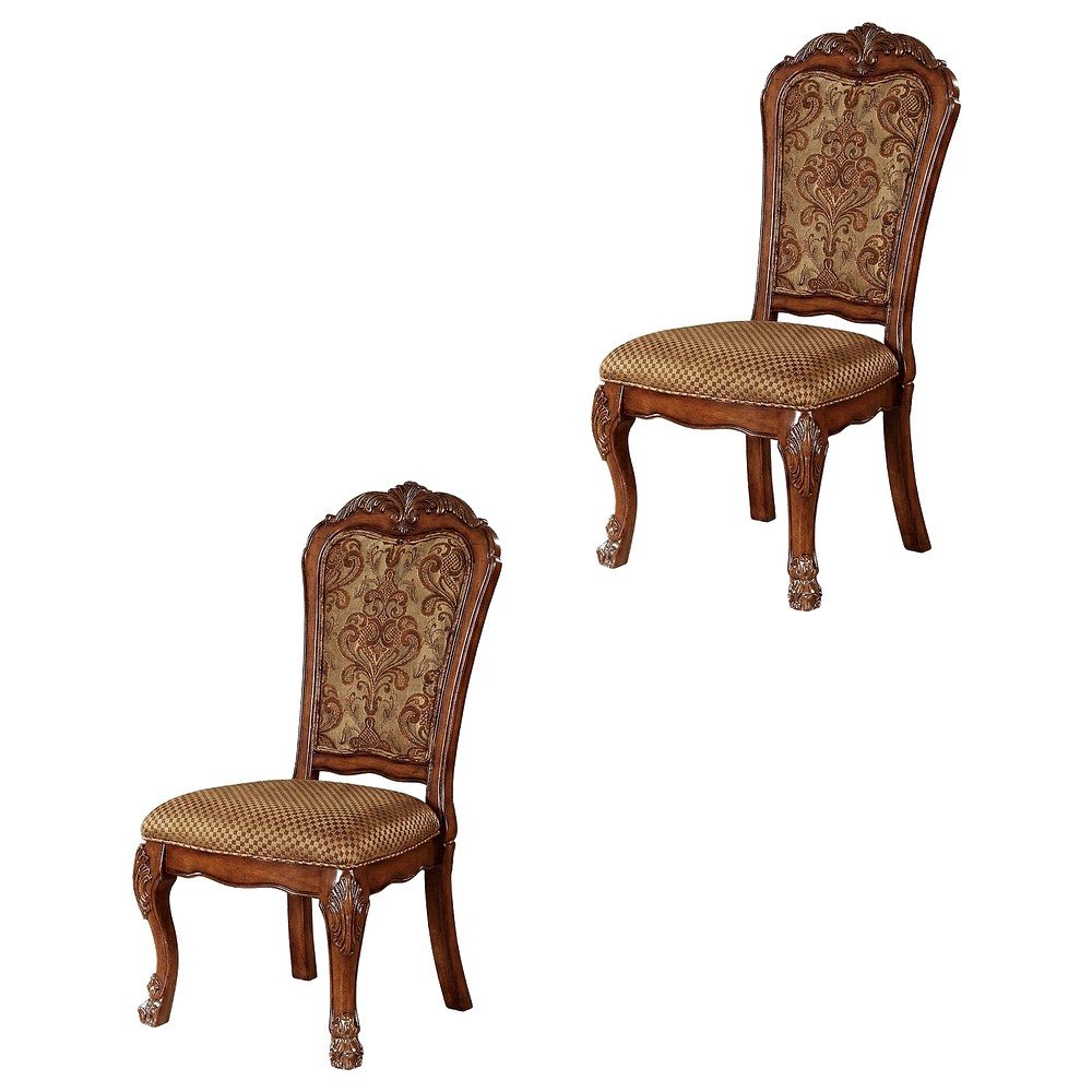Upholstered Wood Dining Side Chairs, Fabric & Cherry Oak, Set of 2