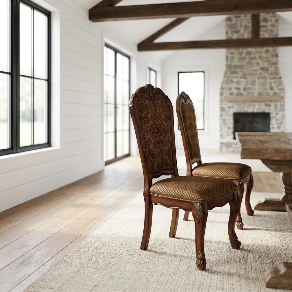 Upholstered Wood Dining Side Chairs, Fabric & Cherry Oak, Set of 2