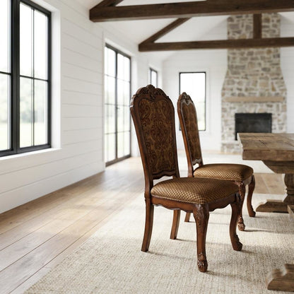 Upholstered Wood Dining Side Chairs, Fabric & Cherry Oak, Set of 2