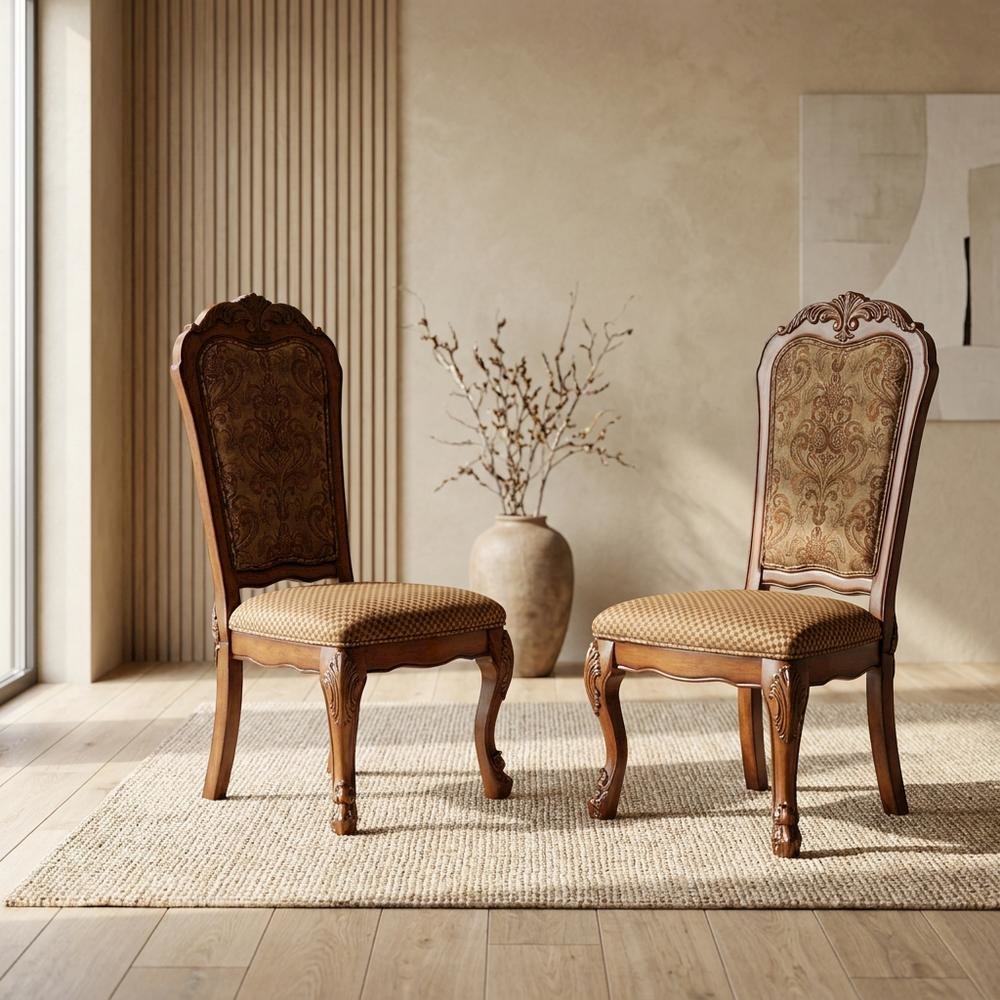 Upholstered Wood Dining Side Chairs, Fabric & Cherry Oak, Set of 2